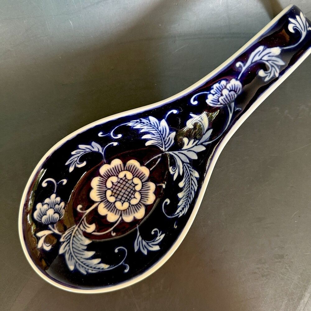 Vintage Pier 1 Blue White Ceramic Spoon Rest Floral Porcelain Kitchen Counter